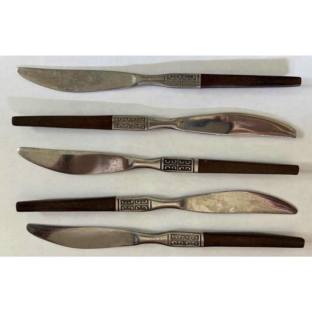 Vintage MCM EKCO Eterna La Joya Rosewood Canoe Muffin 5 Piece Butter Knife Set